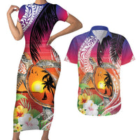 Polynesian Dreamy Turtle Couples Matching Short Sleeve Bodycon Dress and Hawaiian Shirt Sunset Scenery LT7 Art - Polynesian Pride