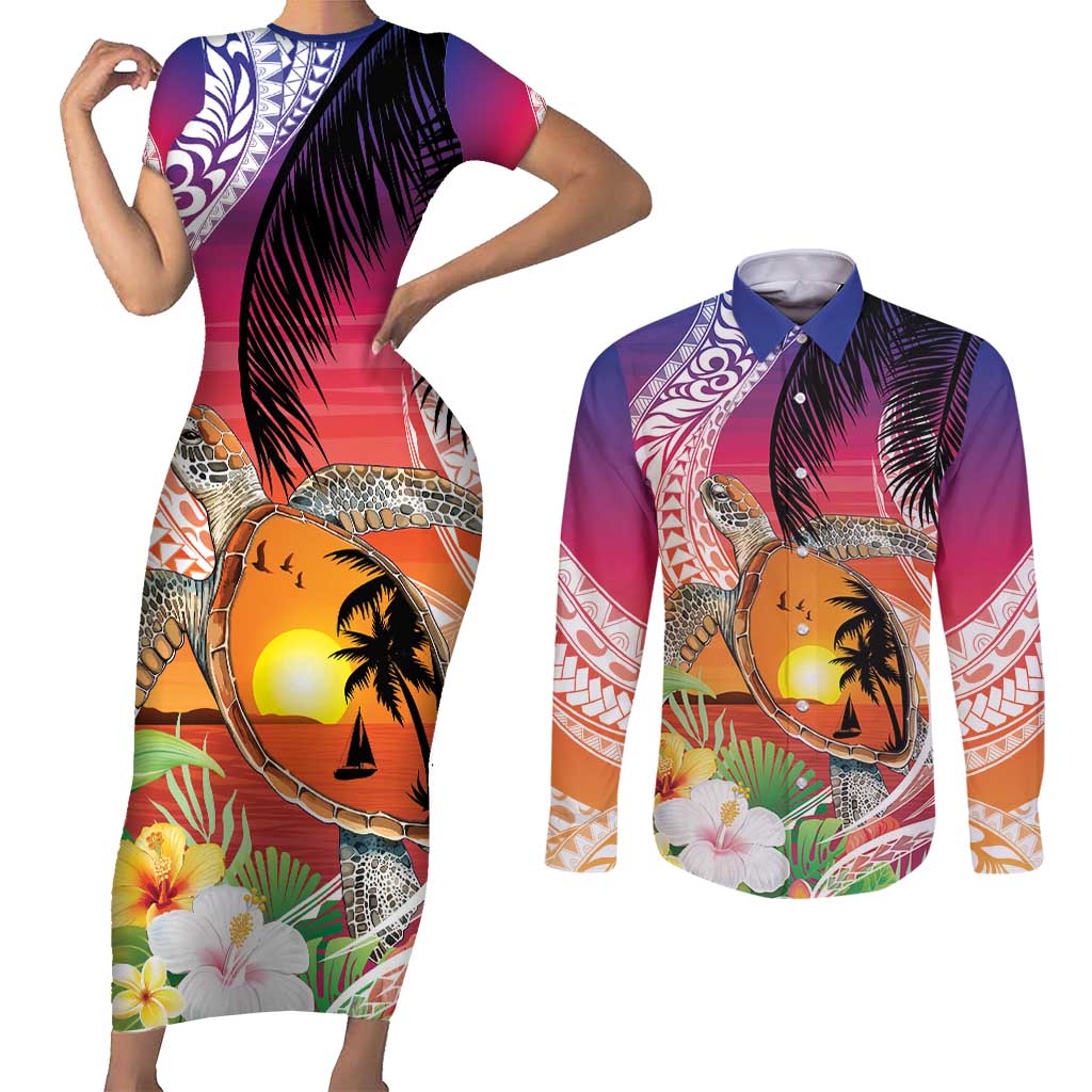 Polynesian Dreamy Turtle Couples Matching Short Sleeve Bodycon Dress and Long Sleeve Button Shirt Sunset Scenery LT7 Art - Polynesian Pride