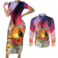 Polynesian Dreamy Turtle Couples Matching Short Sleeve Bodycon Dress and Long Sleeve Button Shirt Sunset Scenery LT7 Art - Polynesian Pride
