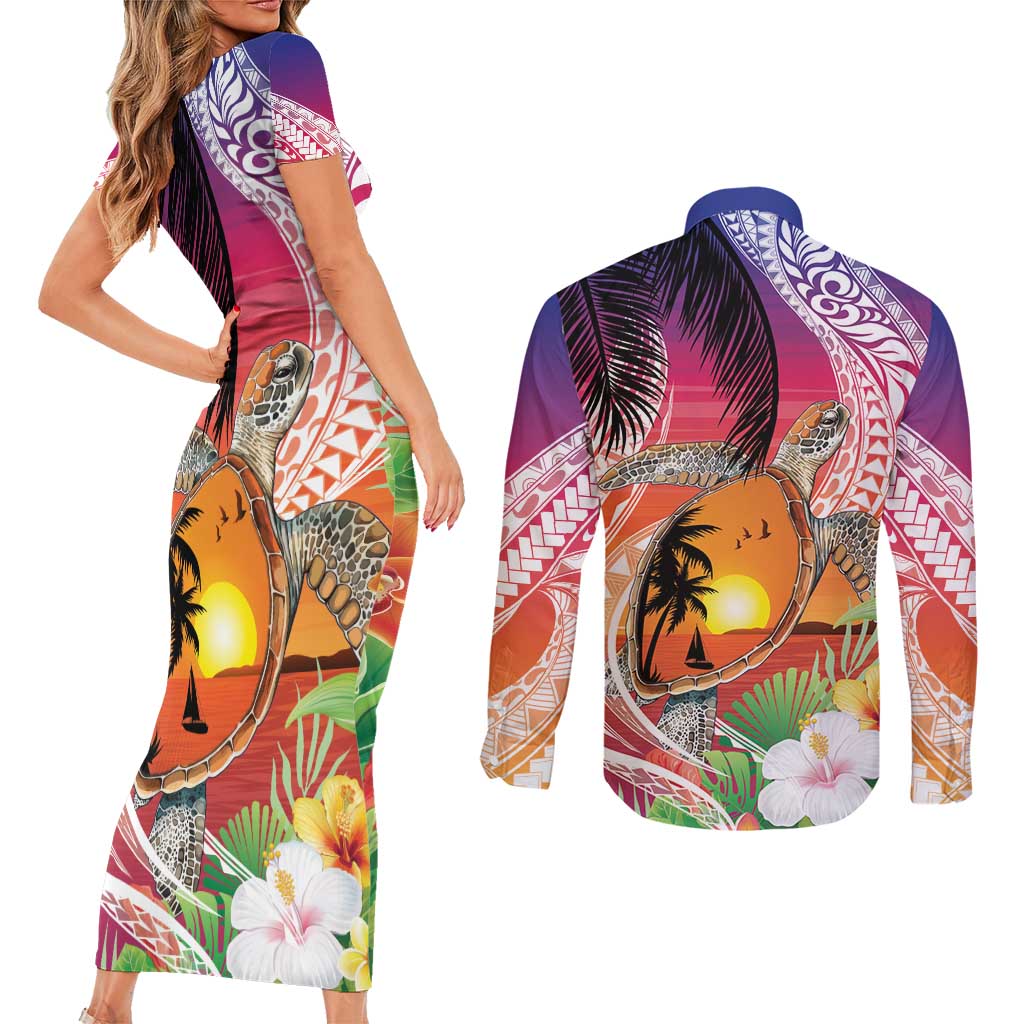Polynesian Dreamy Turtle Couples Matching Short Sleeve Bodycon Dress and Long Sleeve Button Shirt Sunset Scenery LT7 - Polynesian Pride