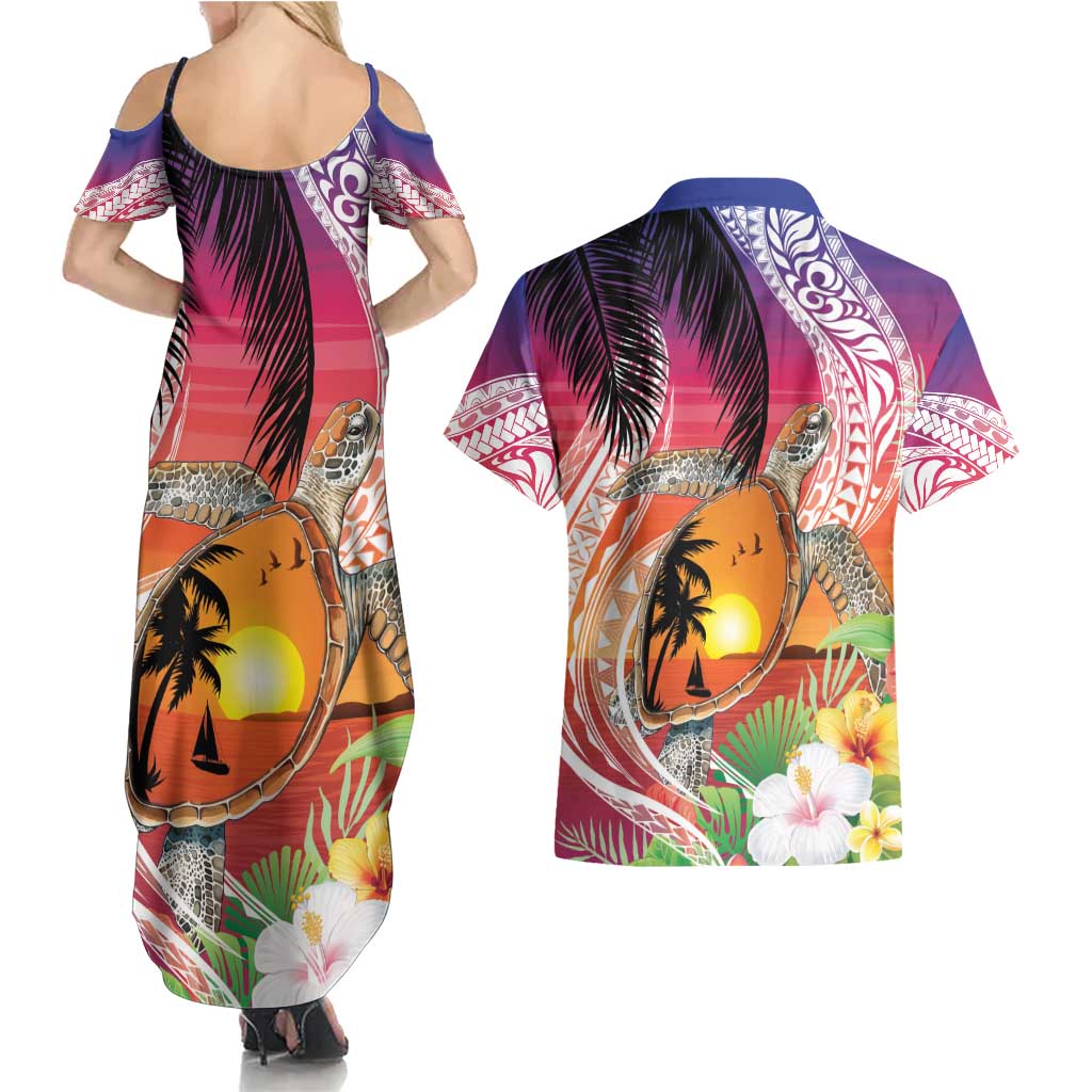 Polynesian Dreamy Turtle Couples Matching Summer Maxi Dress and Hawaiian Shirt Sunset Scenery LT7 - Polynesian Pride