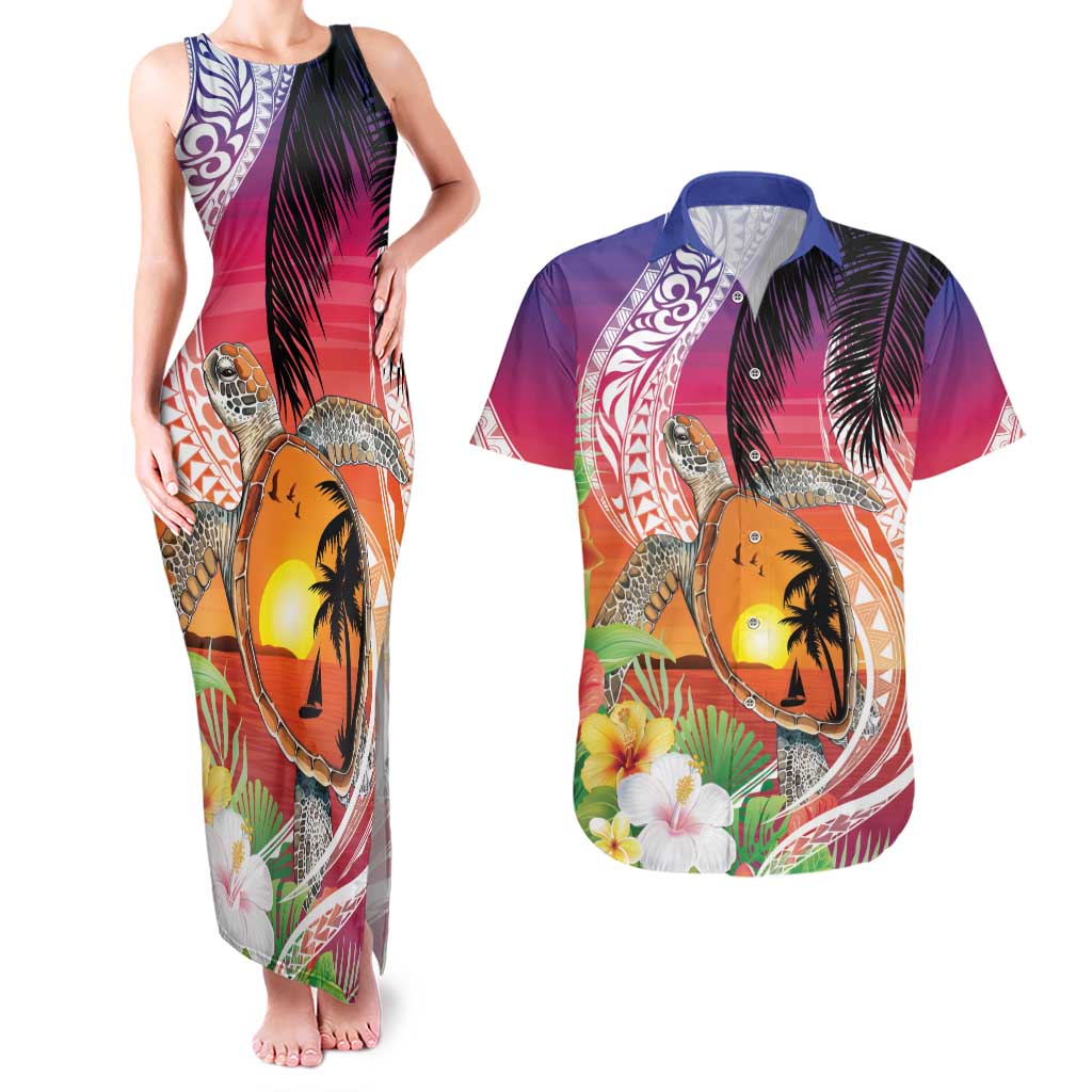 Polynesian Dreamy Turtle Couples Matching Tank Maxi Dress and Hawaiian Shirt Sunset Scenery LT7 Art - Polynesian Pride