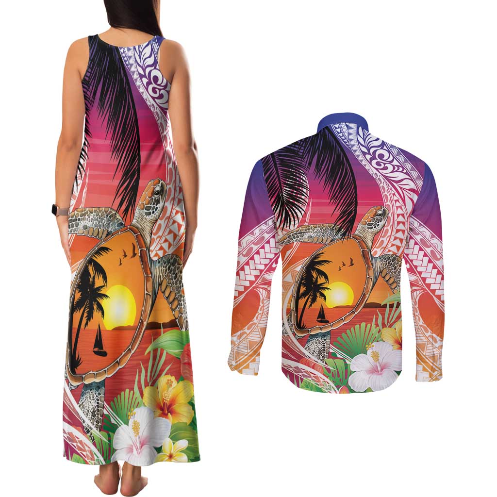 Polynesian Dreamy Turtle Couples Matching Tank Maxi Dress and Long Sleeve Button Shirt Sunset Scenery LT7 - Polynesian Pride