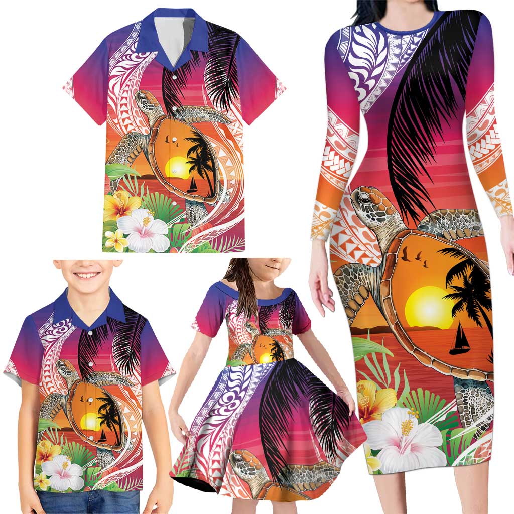 Polynesian Dreamy Turtle Family Matching Long Sleeve Bodycon Dress and Hawaiian Shirt Sunset Scenery