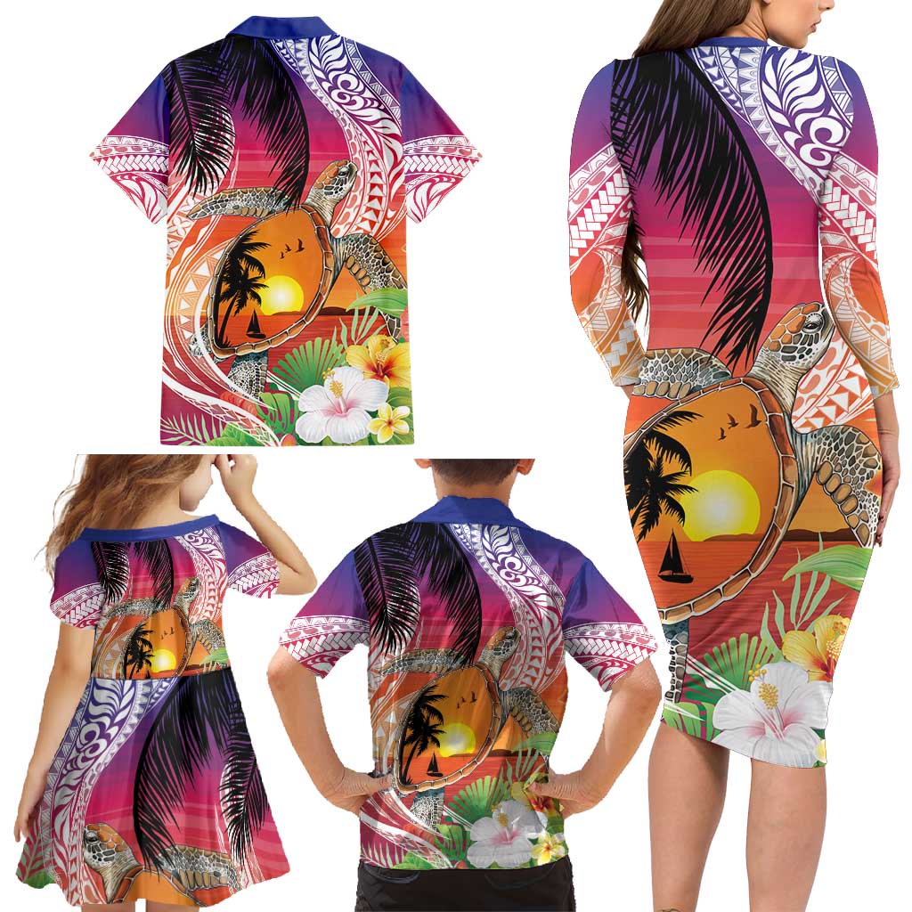 Polynesian Dreamy Turtle Family Matching Long Sleeve Bodycon Dress and Hawaiian Shirt Sunset Scenery
