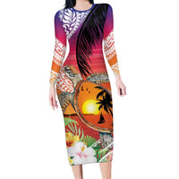 Polynesian Dreamy Turtle Family Matching Long Sleeve Bodycon Dress and Hawaiian Shirt Sunset Scenery