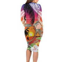 Polynesian Dreamy Turtle Family Matching Long Sleeve Bodycon Dress and Hawaiian Shirt Sunset Scenery