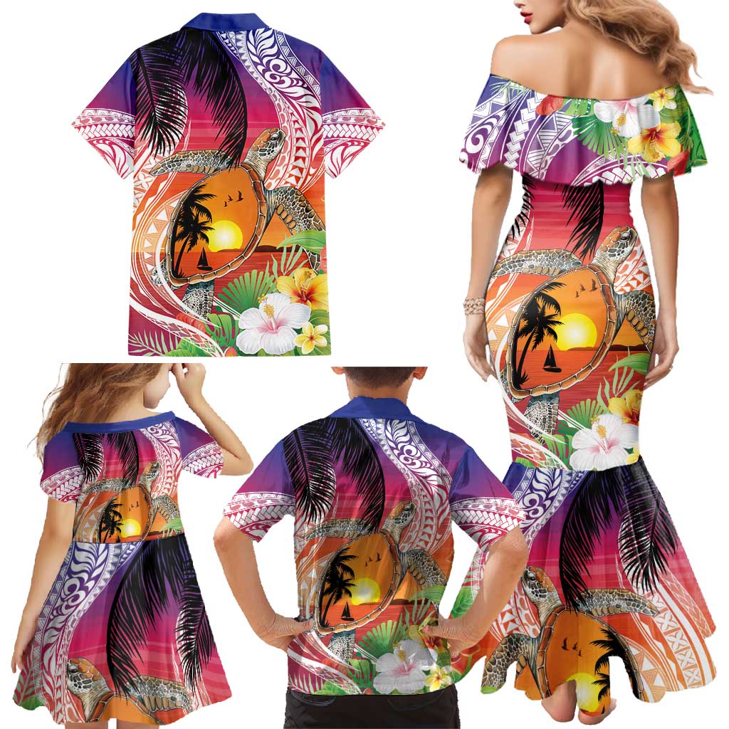 Polynesian Dreamy Turtle Family Matching Mermaid Dress and Hawaiian Shirt Sunset Scenery