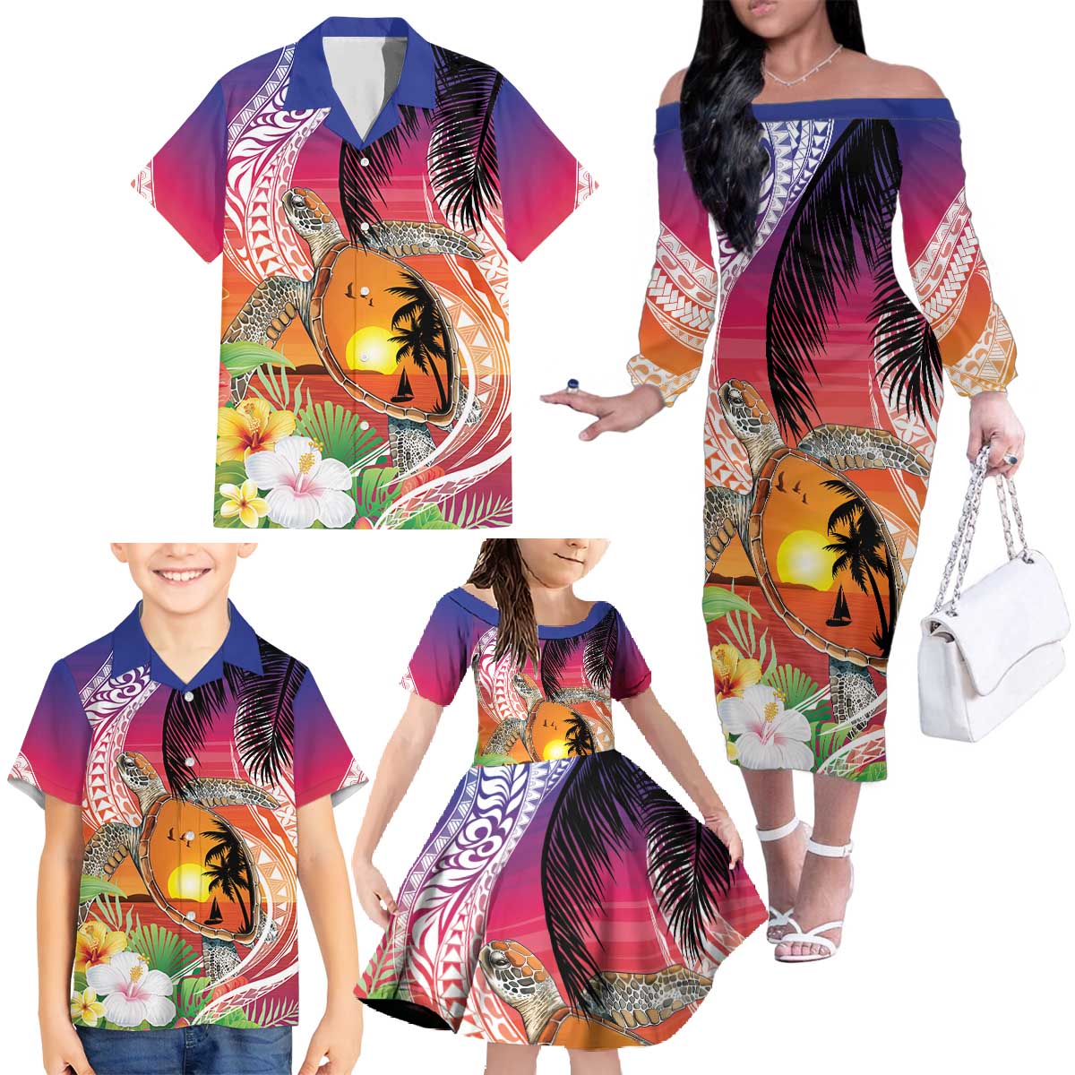 Polynesian Dreamy Turtle Family Matching Off The Shoulder Long Sleeve Dress and Hawaiian Shirt Sunset Scenery