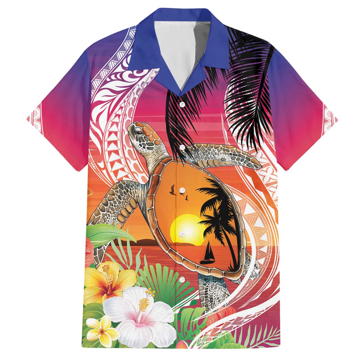 Polynesian Dreamy Turtle Family Matching Off The Shoulder Long Sleeve Dress and Hawaiian Shirt Sunset Scenery