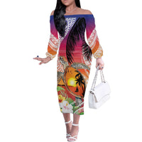 Polynesian Dreamy Turtle Family Matching Off The Shoulder Long Sleeve Dress and Hawaiian Shirt Sunset Scenery