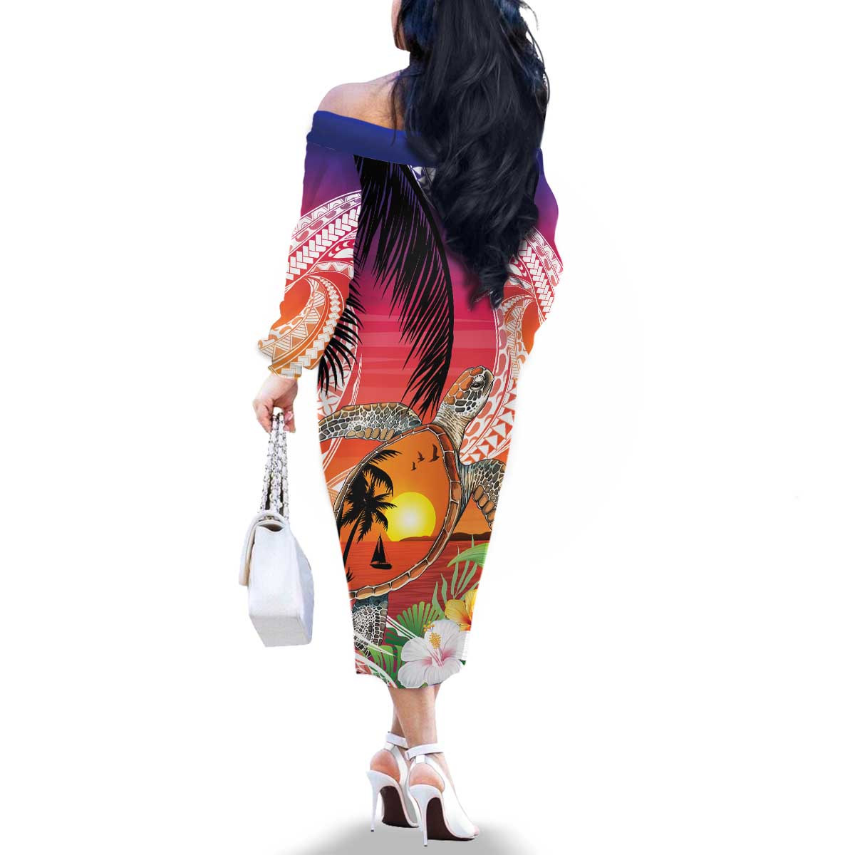 Polynesian Dreamy Turtle Family Matching Off The Shoulder Long Sleeve Dress and Hawaiian Shirt Sunset Scenery