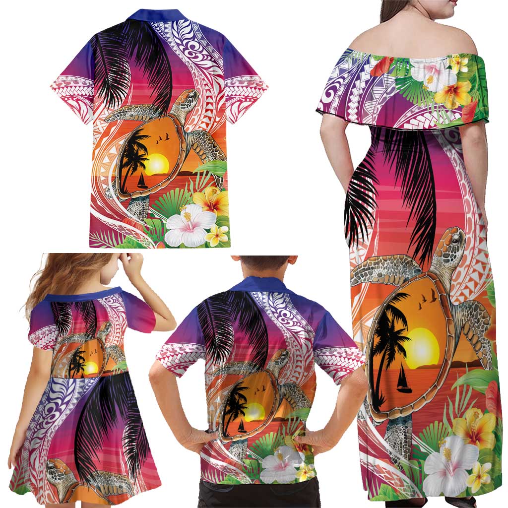 Polynesian Dreamy Turtle Family Matching Off Shoulder Maxi Dress and Hawaiian Shirt Sunset Scenery