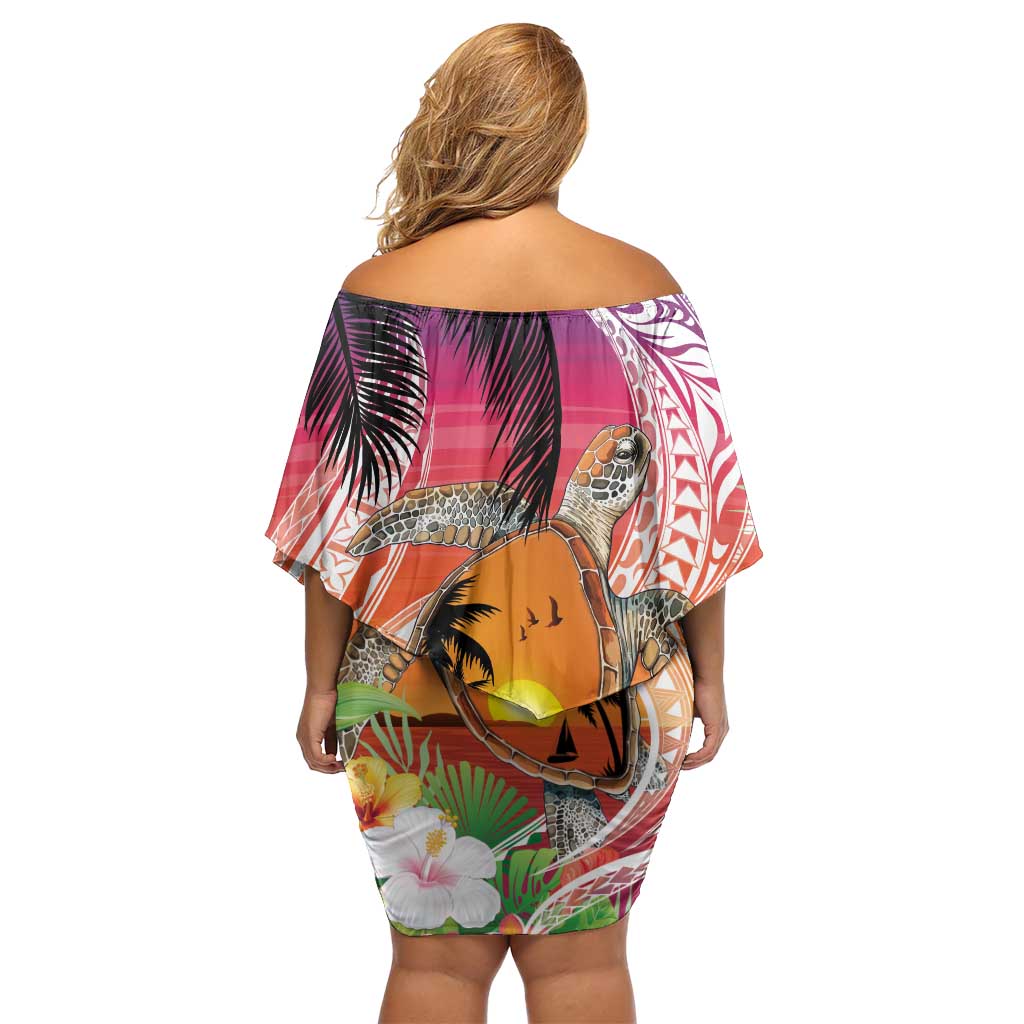 Polynesian Dreamy Turtle Family Matching Off Shoulder Short Dress and Hawaiian Shirt Sunset Scenery