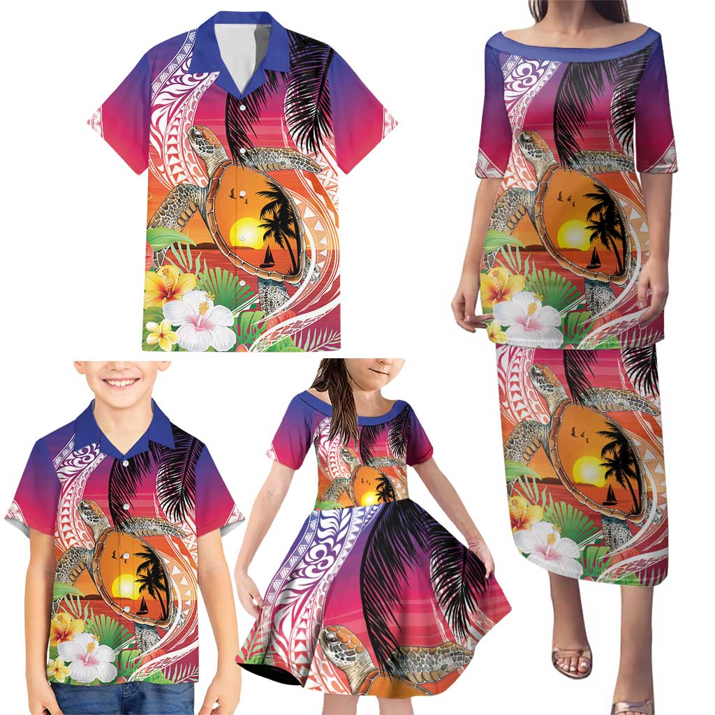 Polynesian Dreamy Turtle Family Matching Puletasi and Hawaiian Shirt Sunset Scenery