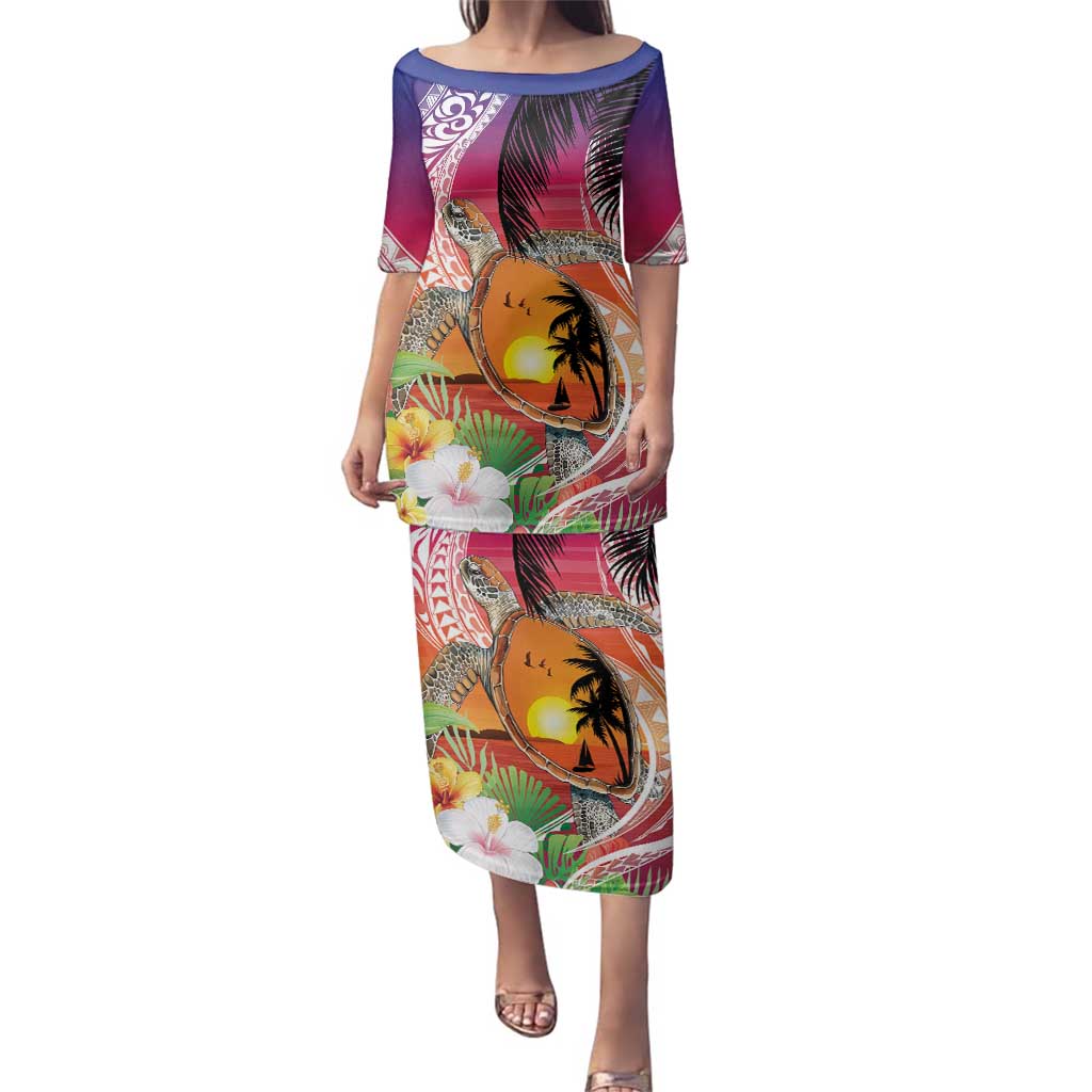 Polynesian Dreamy Turtle Family Matching Puletasi and Hawaiian Shirt Sunset Scenery