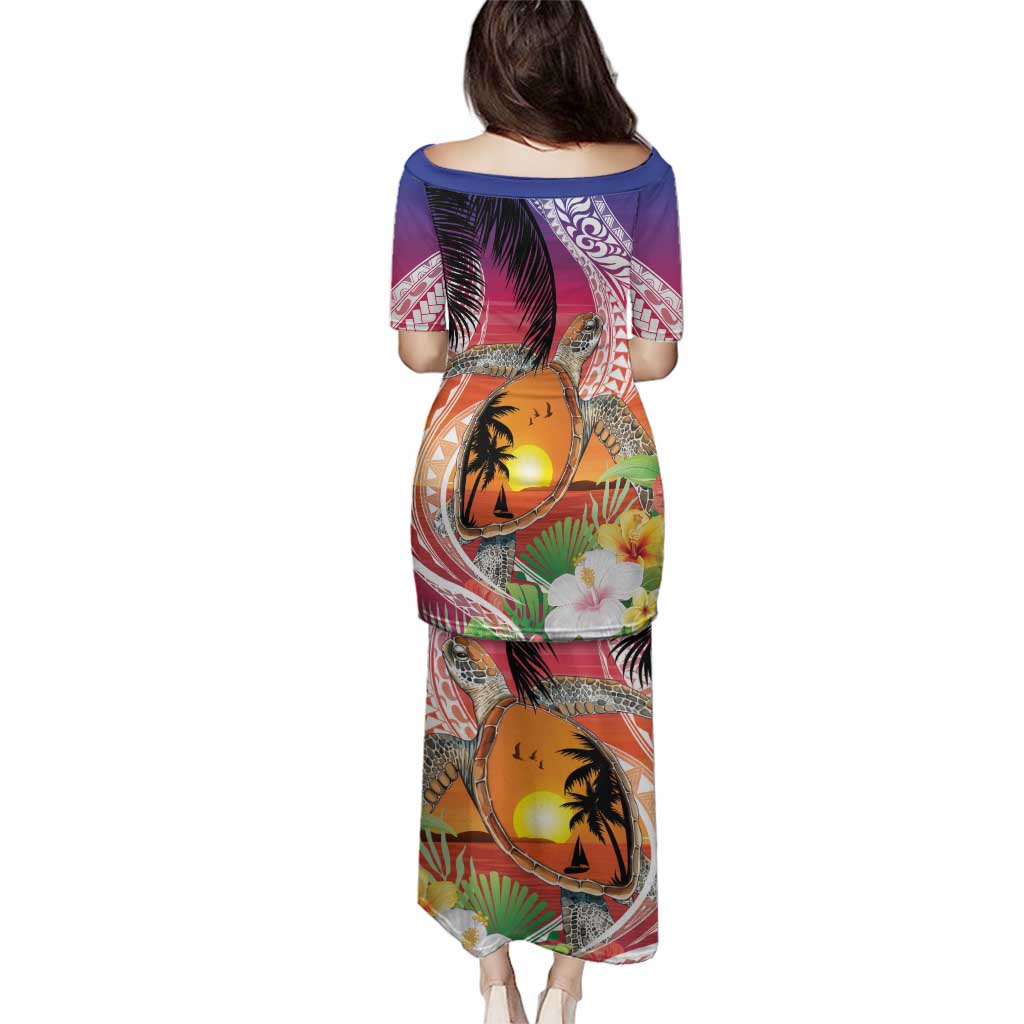Polynesian Dreamy Turtle Family Matching Puletasi and Hawaiian Shirt Sunset Scenery
