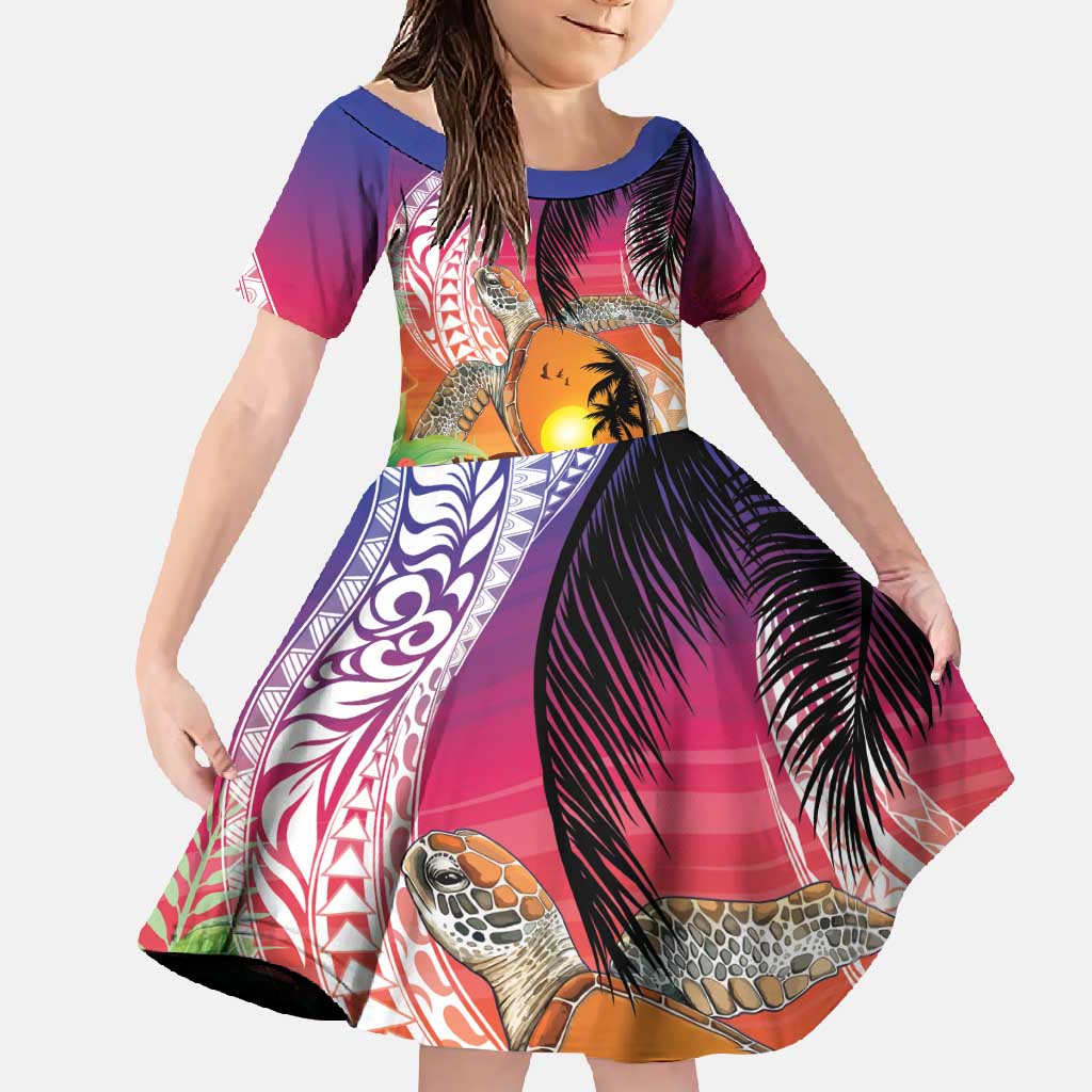Polynesian Dreamy Turtle Family Matching Short Sleeve Bodycon Dress and Hawaiian Shirt Sunset Scenery
