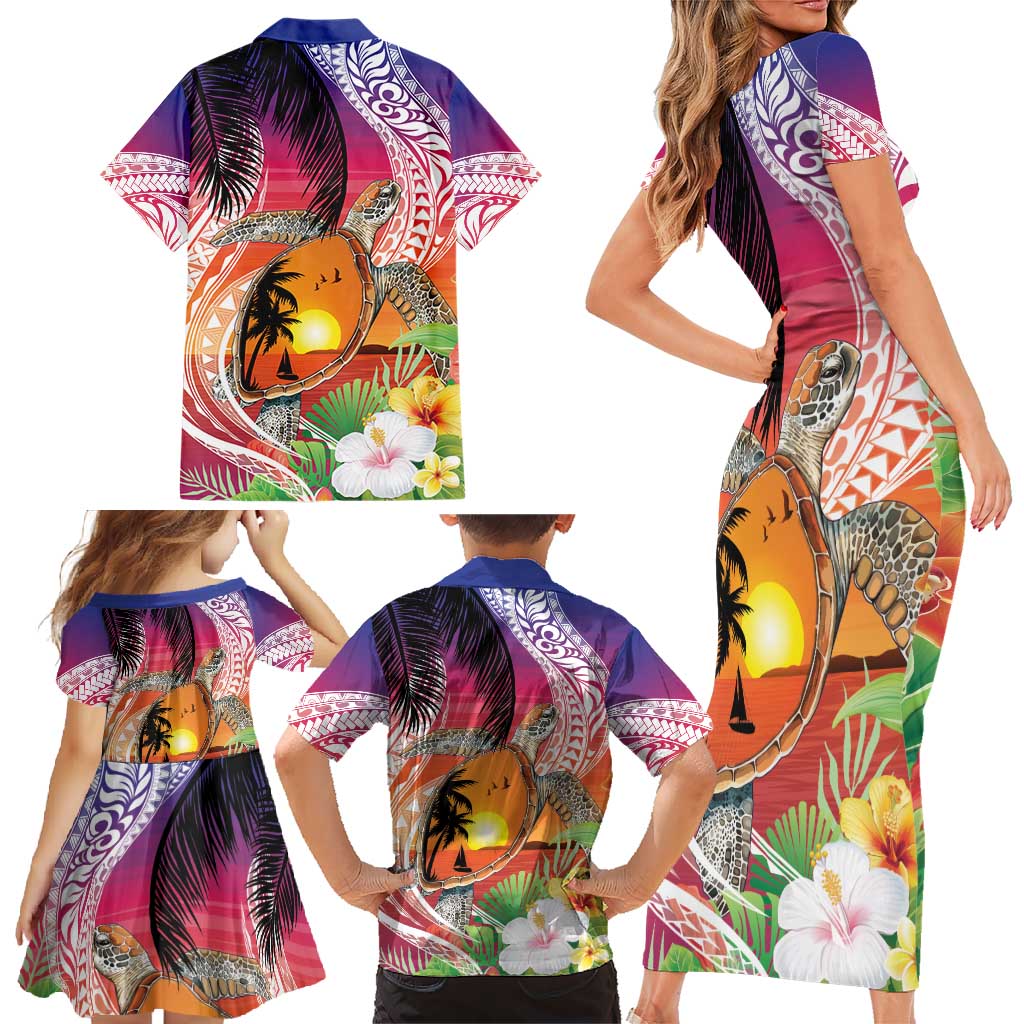 Polynesian Dreamy Turtle Family Matching Short Sleeve Bodycon Dress and Hawaiian Shirt Sunset Scenery