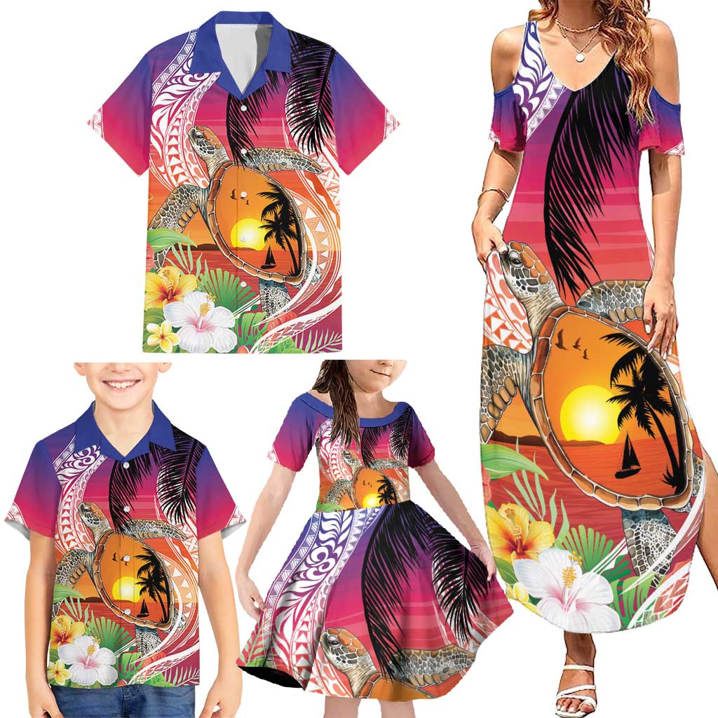 Polynesian Dreamy Turtle Family Matching Summer Maxi Dress and Hawaiian Shirt Sunset Scenery