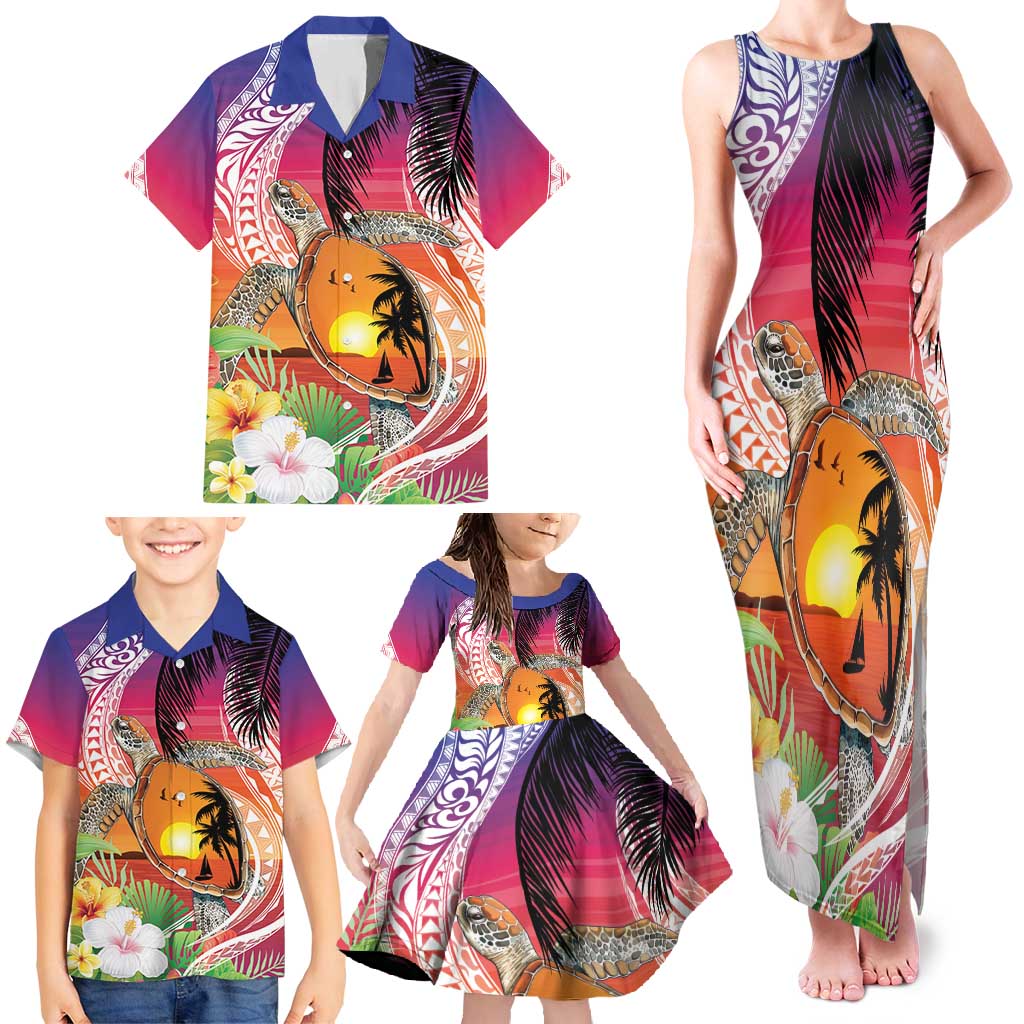 Polynesian Dreamy Turtle Family Matching Tank Maxi Dress and Hawaiian Shirt Sunset Scenery