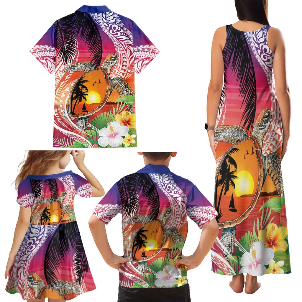 Polynesian Dreamy Turtle Family Matching Tank Maxi Dress and Hawaiian Shirt Sunset Scenery