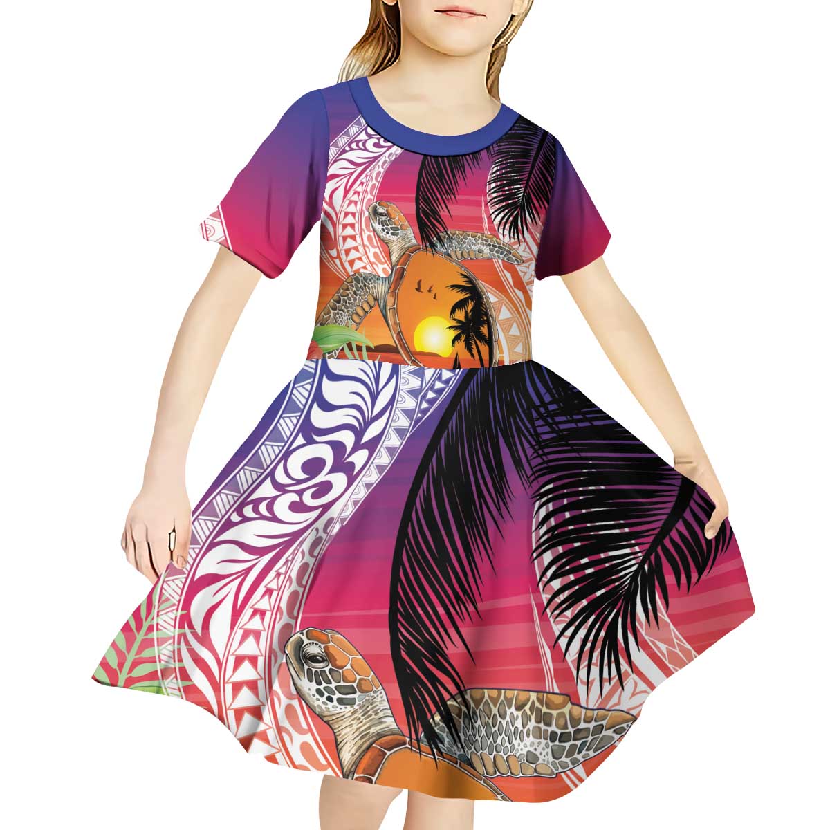 Polynesian Dreamy Turtle Kid Short Sleeve Dress Sunset Scenery