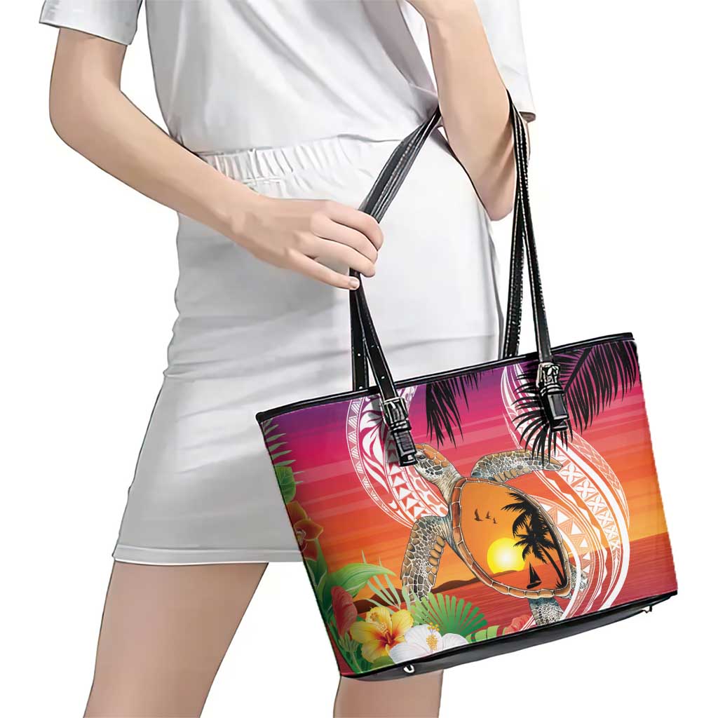 Polynesian Dreamy Turtle Leather Tote Bag Sunset Scenery LT7 - Polynesian Pride