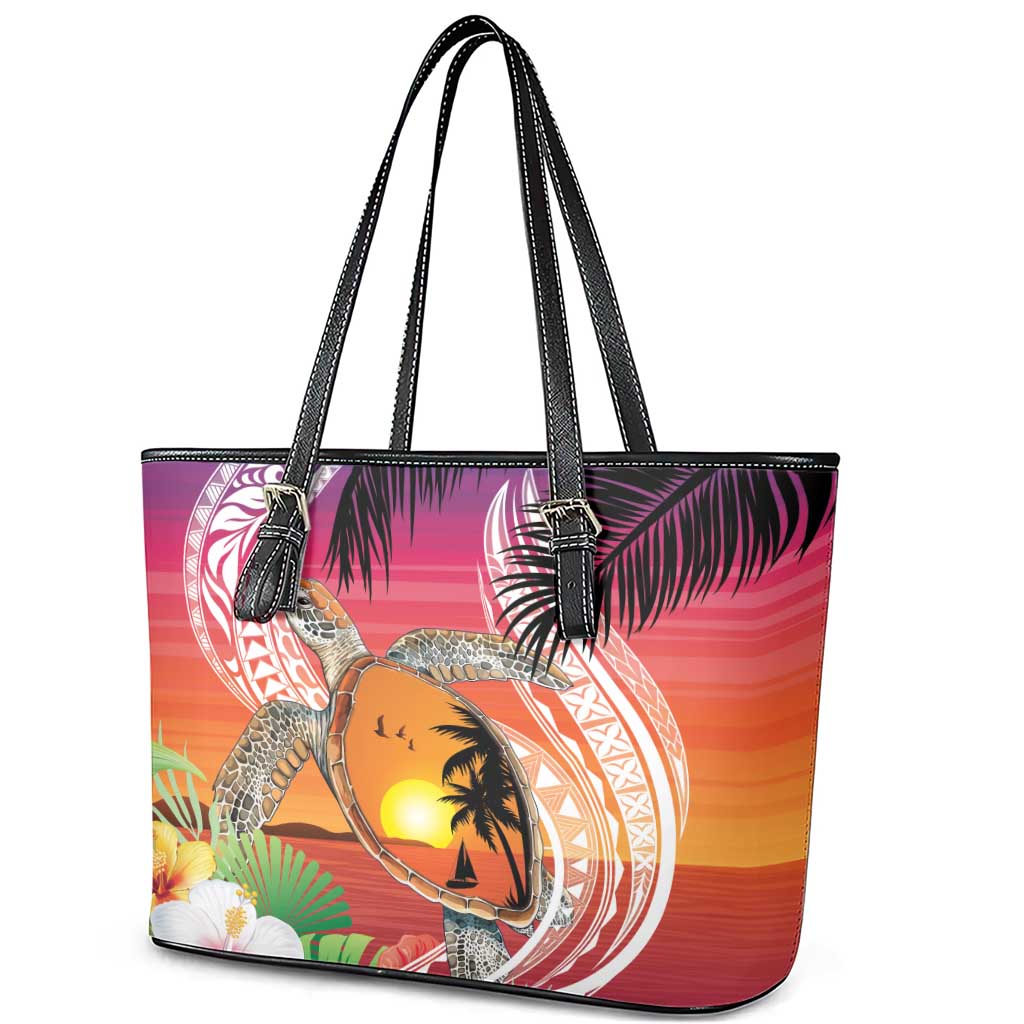 Polynesian Dreamy Turtle Leather Tote Bag Sunset Scenery LT7 - Polynesian Pride