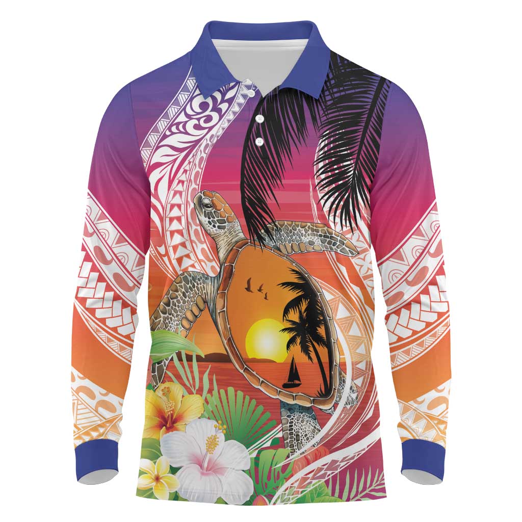Polynesian Dreamy Turtle Long Sleeve Polo Shirt Sunset Scenery
