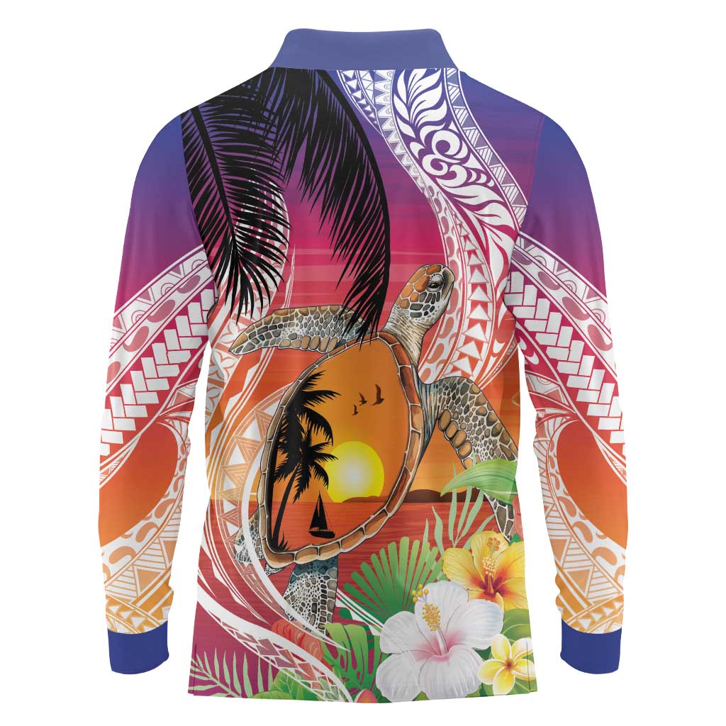 Polynesian Dreamy Turtle Long Sleeve Polo Shirt Sunset Scenery
