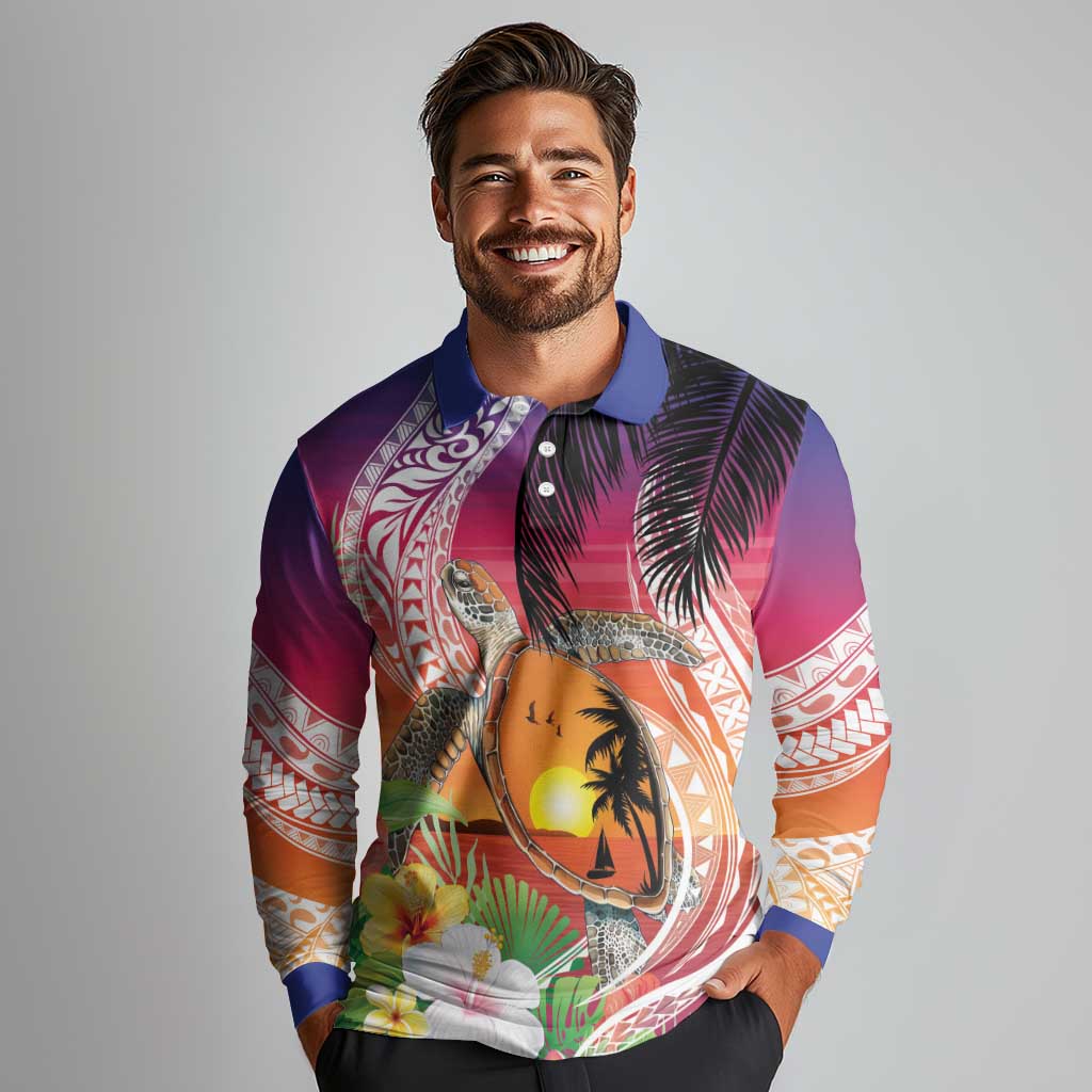 Polynesian Dreamy Turtle Long Sleeve Polo Shirt Sunset Scenery