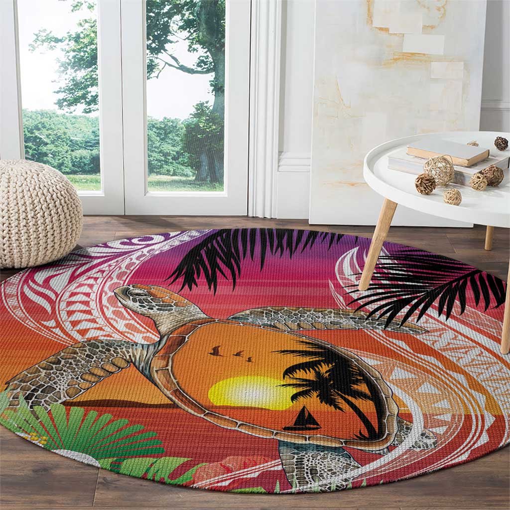 Polynesian Dreamy Turtle Round Carpet Sunset Scenery