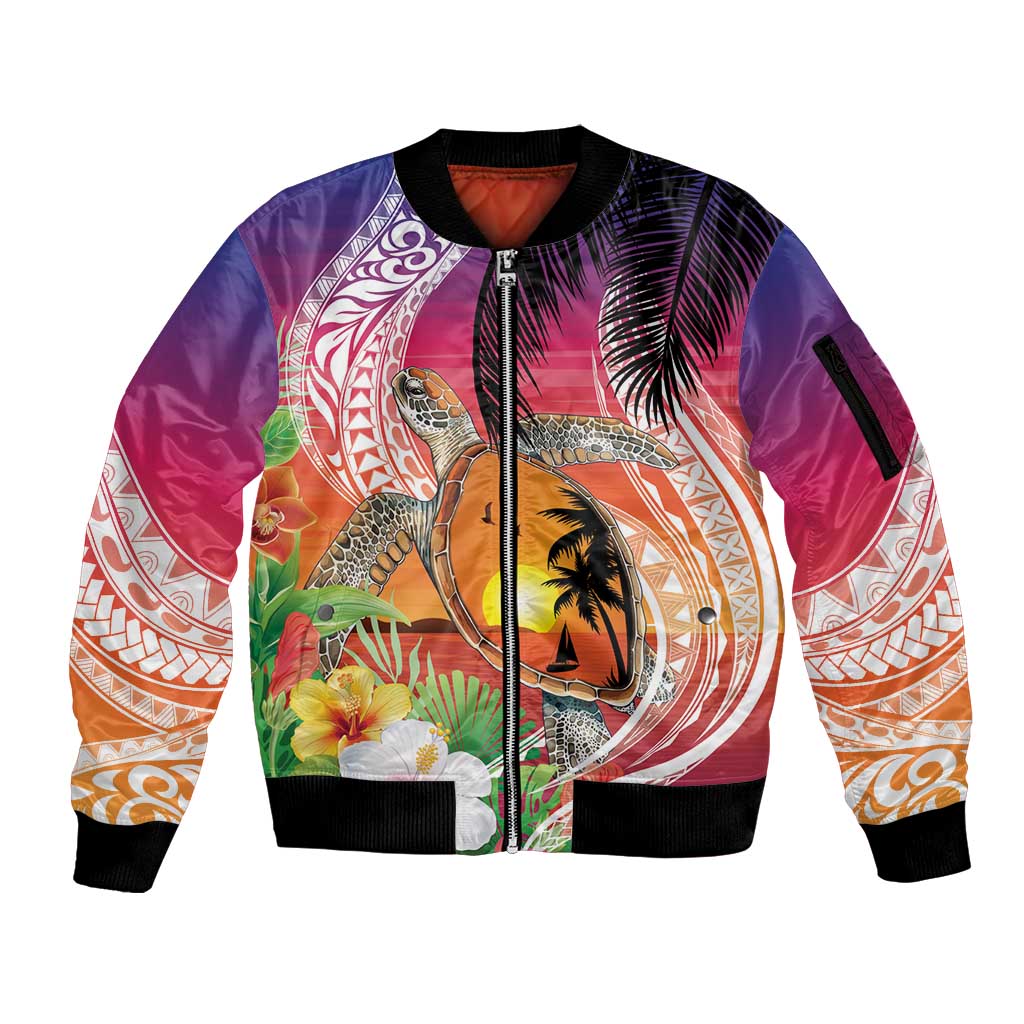 Polynesian Dreamy Turtle Sleeve Zip Bomber Jacket Sunset Scenery