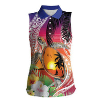 Polynesian Dreamy Turtle Women Sleeveless Polo Shirt Sunset Scenery