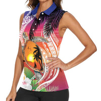 Polynesian Dreamy Turtle Women Sleeveless Polo Shirt Sunset Scenery