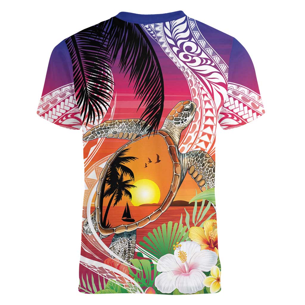 Polynesian Dreamy Turtle Women V-Neck T-Shirt Sunset Scenery LT7 - Polynesian Pride