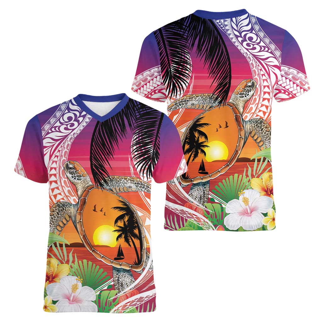 Polynesian Dreamy Turtle Women V-Neck T-Shirt Sunset Scenery LT7 - Polynesian Pride