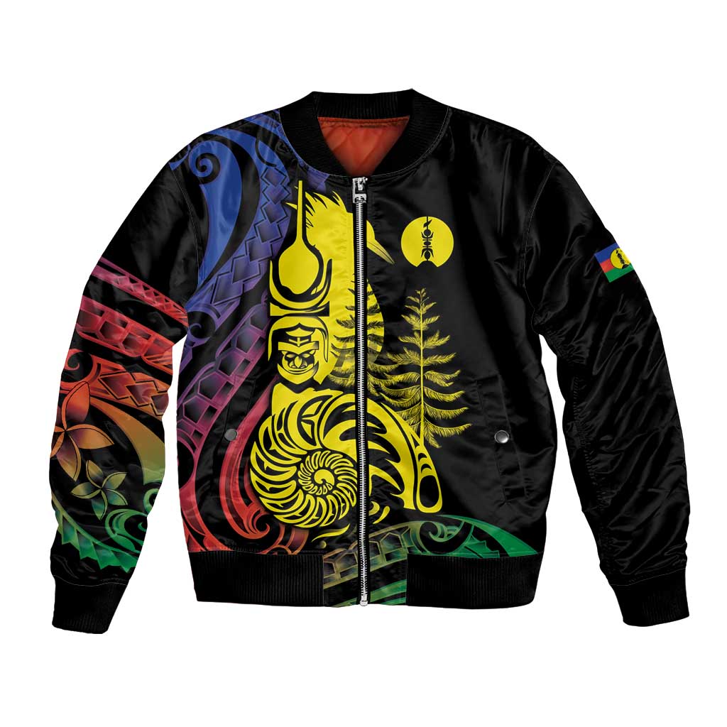 New Caledonia Kanaky Bomber Jacket Stylized Fleche Faitiere With Kagu Bird