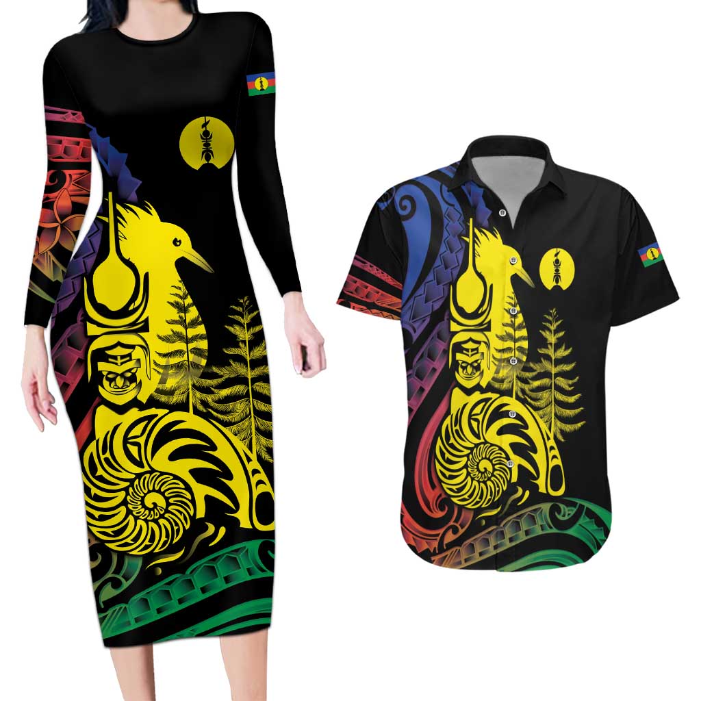 New Caledonia Kanaky Couples Matching Long Sleeve Bodycon Dress and Hawaiian Shirt Stylized Fleche Faitiere With Kagu Bird