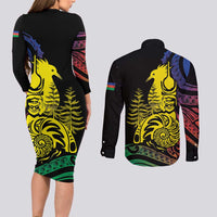 New Caledonia Kanaky Couples Matching Long Sleeve Bodycon Dress and Long Sleeve Button Shirt Stylized Fleche Faitiere With Kagu Bird