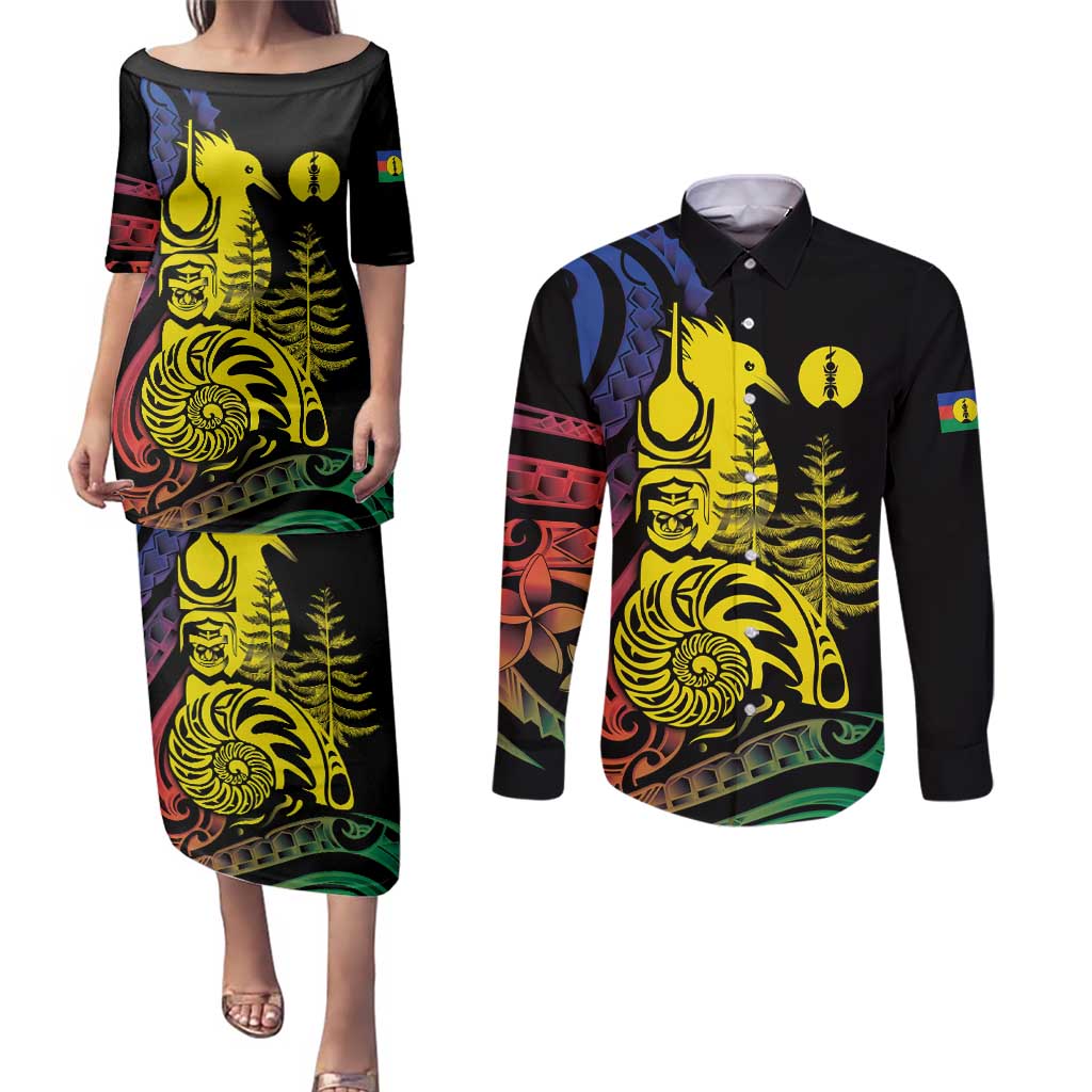 New Caledonia Kanaky Couples Matching Puletasi and Long Sleeve Button Shirt Stylized Fleche Faitiere With Kagu Bird