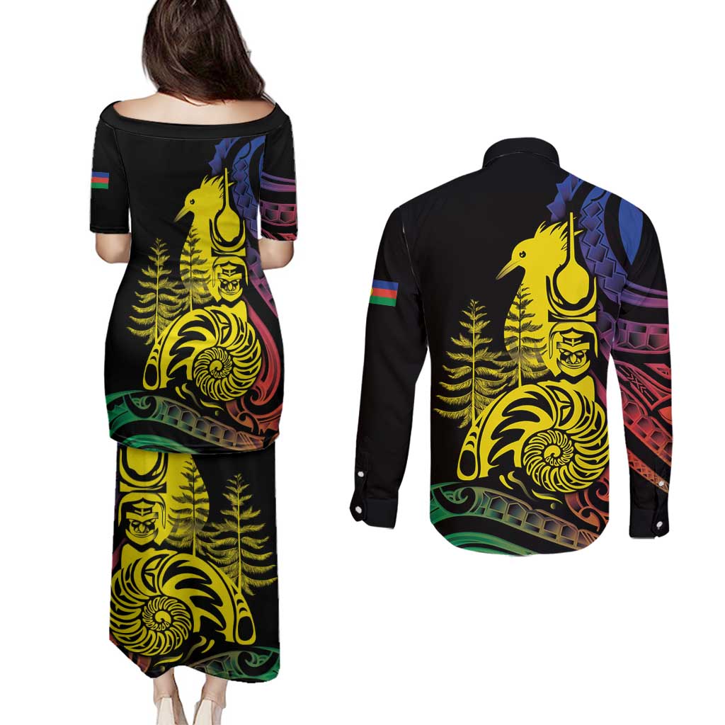 New Caledonia Kanaky Couples Matching Puletasi and Long Sleeve Button Shirt Stylized Fleche Faitiere With Kagu Bird