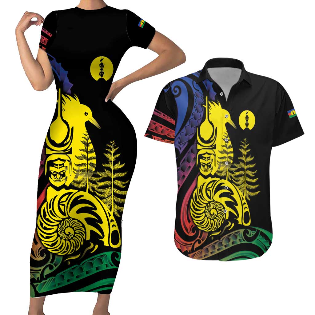 New Caledonia Kanaky Couples Matching Short Sleeve Bodycon Dress and Hawaiian Shirt Stylized Fleche Faitiere With Kagu Bird