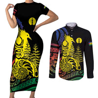 New Caledonia Kanaky Couples Matching Short Sleeve Bodycon Dress and Long Sleeve Button Shirt Stylized Fleche Faitiere With Kagu Bird