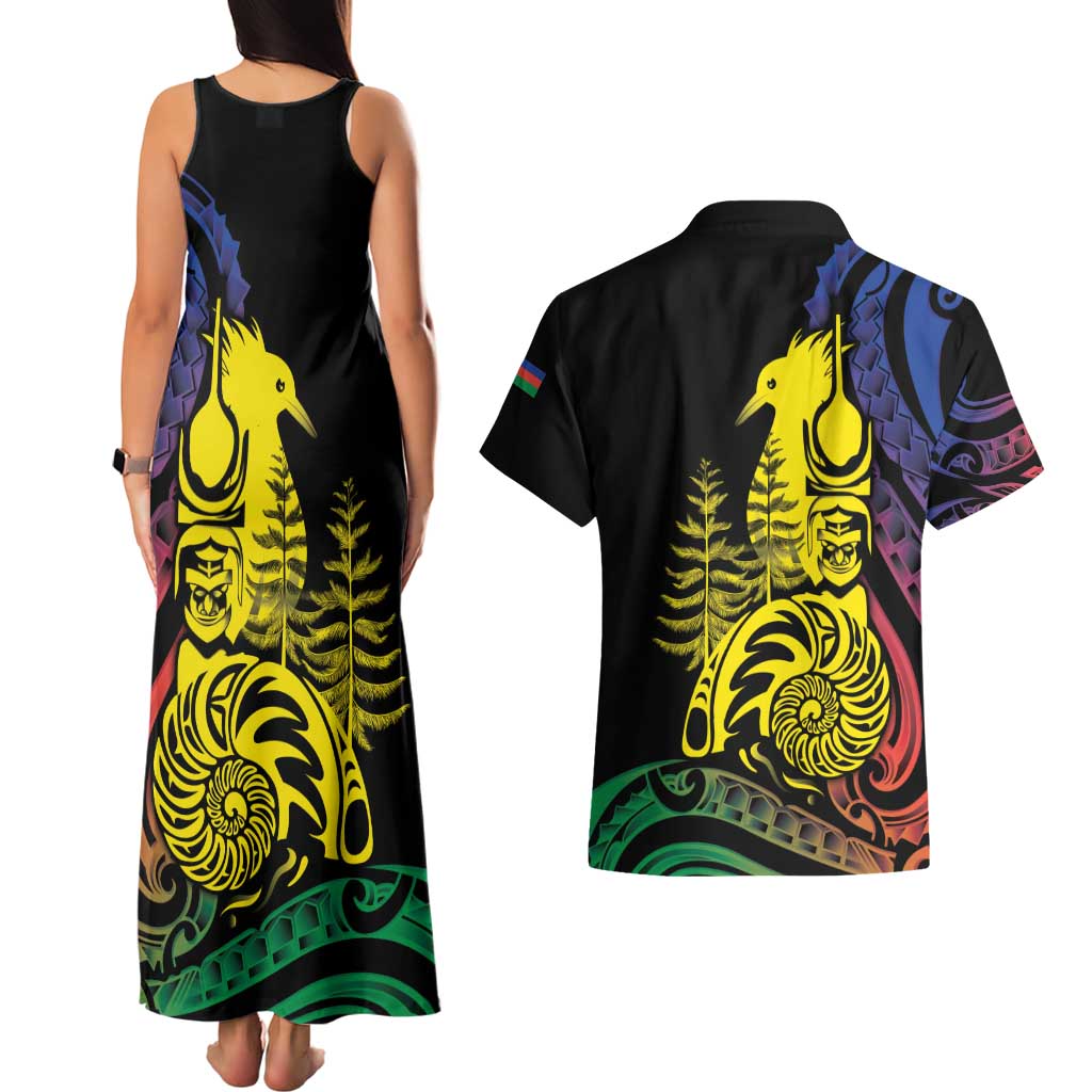 New Caledonia Kanaky Couples Matching Tank Maxi Dress and Hawaiian Shirt Stylized Fleche Faitiere With Kagu Bird