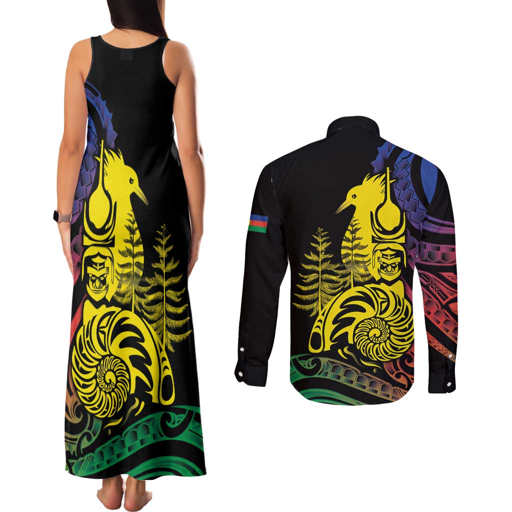 New Caledonia Kanaky Couples Matching Tank Maxi Dress and Long Sleeve Button Shirt Stylized Fleche Faitiere With Kagu Bird