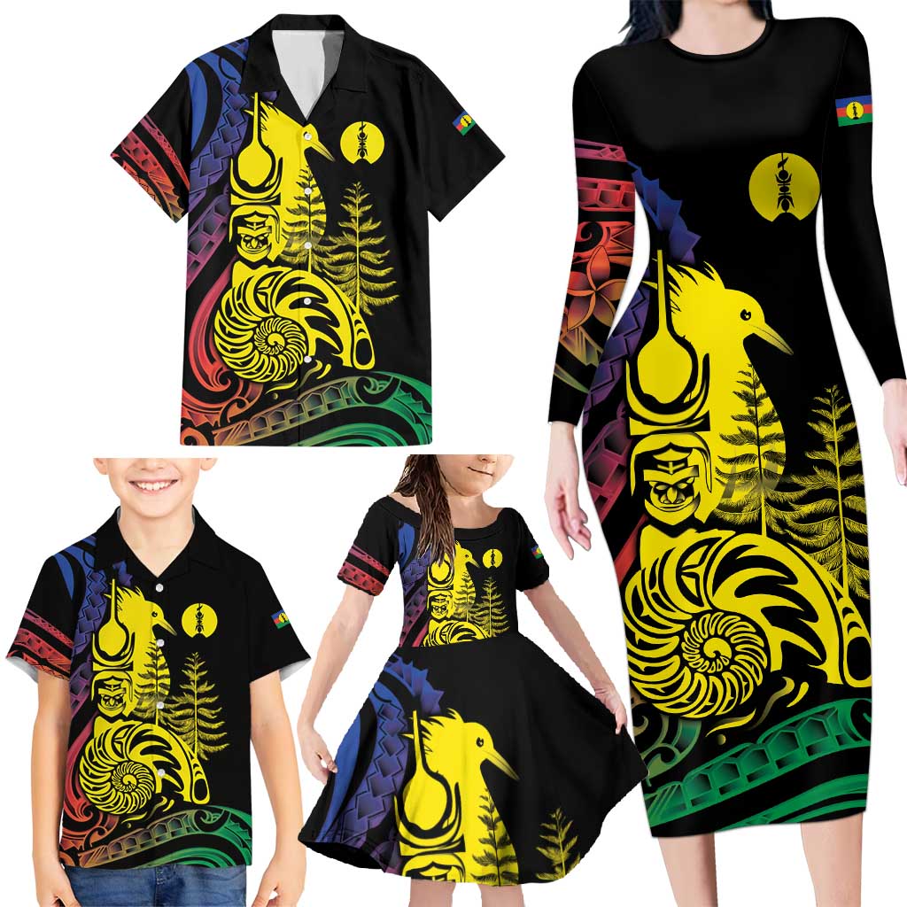 New Caledonia Kanaky Family Matching Long Sleeve Bodycon Dress and Hawaiian Shirt Stylized Fleche Faitiere With Kagu Bird