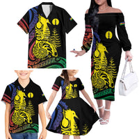 New Caledonia Kanaky Family Matching Off The Shoulder Long Sleeve Dress and Hawaiian Shirt Stylized Fleche Faitiere With Kagu Bird