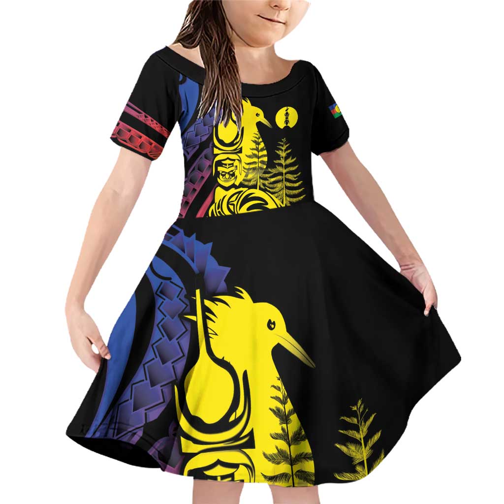 New Caledonia Kanaky Family Matching Off Shoulder Short Dress and Hawaiian Shirt Stylized Fleche Faitiere With Kagu Bird